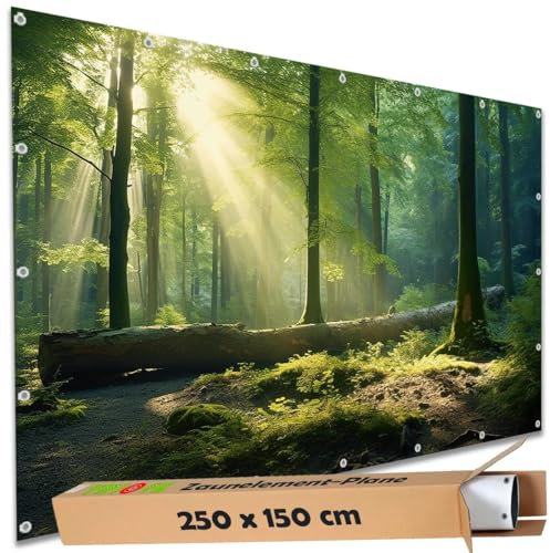 TRIOSK Sichtschutz Garten Deko Zaun Plane Blickdicht groß mit Zaunblende Motiv Wald Lichtung Sonne für Balkon Terrasse Zaunelement Doppelstabmatten Gartenzaun PVC 250x150 cm