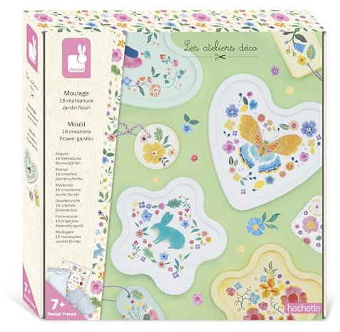 Janod - 16 Objets à Réaliser en Platre - 12 Porte-clés + 4 coupelles à décorer - Kit Moulage - DIY - Kit Loisir Créatif Enfant - Motricité Fine et Concentration - Dès 7 Ans - J09162