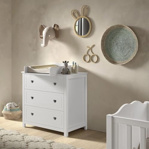 AltoBuy Milady - Commode 3 Tiroirs avec Plan à Langer laqué Blanc