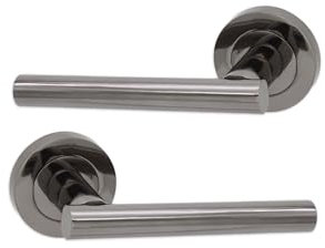 Infinity Decor Pair of Straight T-Bar Lever Door Handle on Round Rose Set Interior Pull Handles in Black Nickel Finish for Interior and Exterior Use