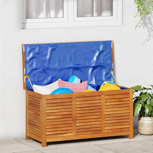 Myheimly Gartenbox mit Lüftungsschlitzen, Gartentruhe mit viel Stauraum, Auflagenbox mit wasserfester Innentasche, Beistelltisch Kissenbox, 113x50x56 cm Massivholz Akazie
