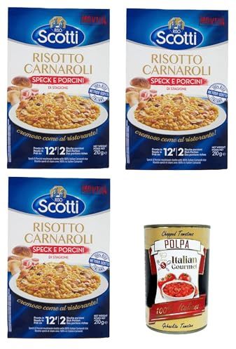 Italian Gourmet Risotto Carnaroli con Speck e Porcini Reis Mix, 3 x 210g | Pronto in pochi minuti; cremige Pfannenmahlzeit mit Steinpilzen, deftiger, Gesamtnettogewicht 630 g + Kostenlos Polpa 400g