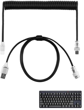 Coiled Keyboard Cable 1.8m Type-C to USB A, TPU Mechanical Spring with Aviator Connector Extendable Detachable Double-Sleeved Elastic for Laptop Gaming Keyboards (Black)