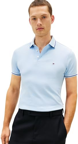 Tommy Hilfiger Herren Poloshirt Kurzarm Tipped Seasonal Slim Fit, Blau (Well Water), S
