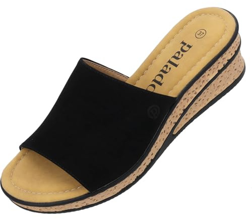 Palado Sandalen Damen Niserios – modische Pantoletten im schlichten Design - bequeme Sommerschuhe - elegante Hausschuhe mit Keilabsatz Schwarz UK8 - EU41