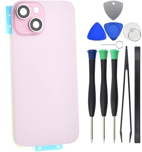 Vitre arrière rose pour iPhone 15 avec support arrière et lentille en verre et NFC