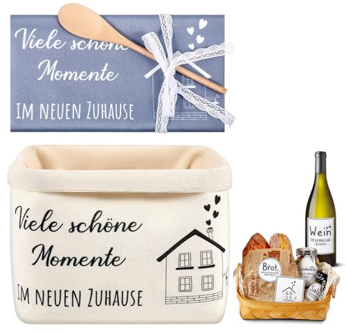 Sinmoe Geschenk zum Einzug Einzugsgeschenke Haus Brotkorb Brot Salz Wein Aufkleber Geschirrtuch Kochlöffel Einweihungsgeschenk zum Wohnung Richtfest(Weiß,Viele schöne Momente im neuen Zuhause)