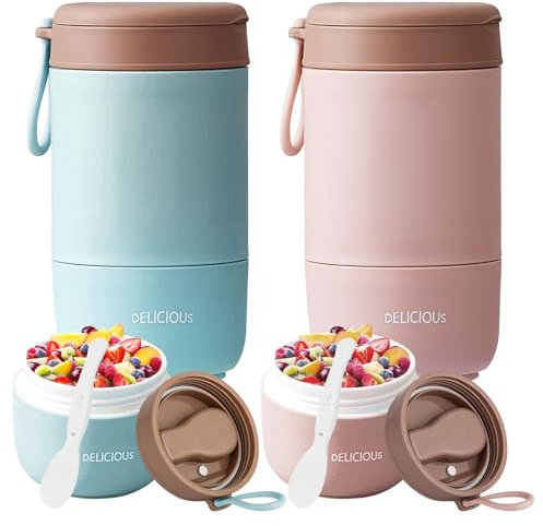 2 Stück Müslibecher To Go mit Deckel, 730ml PP-Material Porridge Becher Joghurtbecher to Go mit Löffel, Müsli Cup to Go Becher, Doppelschicht Auslaufsicherer Einmachgläser Perfekt für Arbeit, Schule