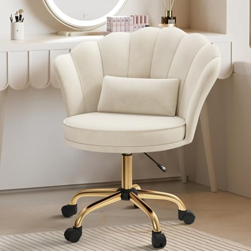 Aivermeil Vanity Swivel Chair with Cushion, Adjustable Height, Beige | Petal backrest; padded cushion; swivel seat; height-adjustable wheeled base; dressing table chair, makeup desk or home office
