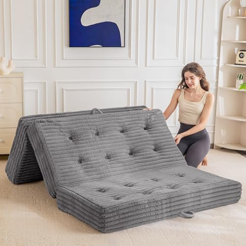 MAXYOYO Folding Mattress with Handles, 6 Inch Tri-Fold Mattress Floor Sofa Bed, Soft Faux Fur Folding Bed with Supportive Foam Filling, Portable Guest Couch for Sleeping, Full, Grey