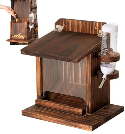Eichhörnchenfeeder aus Holz – Futterstation 9 x 9 x 7 Zoll, Wasserflasche, Chipmunde-Wandhalterung, Futterhaus | Vogelfutter, Nüsse, Maisfackeln, Terrasse, Rasen, Hinterhof