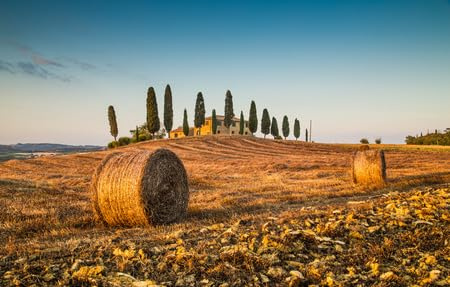adrium Leinwand-Bild 110 x 70 cm: Schöne Toskana -Landschaft mit traditionellem Bauernhaus und Heuballen in goldenem Abendlicht, Val d Orcia, Toskana, Italien (37340822)