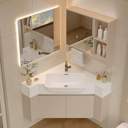 ZKBDBWTR Waschbecken mit Unterschrank und Waschbecken – Eckwaschbecken Schrank | Sanfte Licht Lampe, Integriertes WaschbeckenS mit Abwechslungsreicher Aufbewahrung(60cm/23.6in)