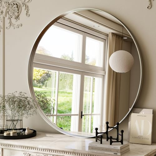 ZenoMirris runder Wandspiegel, 120 cm, mit tiefem Rahmen, geeignet für Badezimmer, Wohnzimmer, Schlafzimmer, Silber