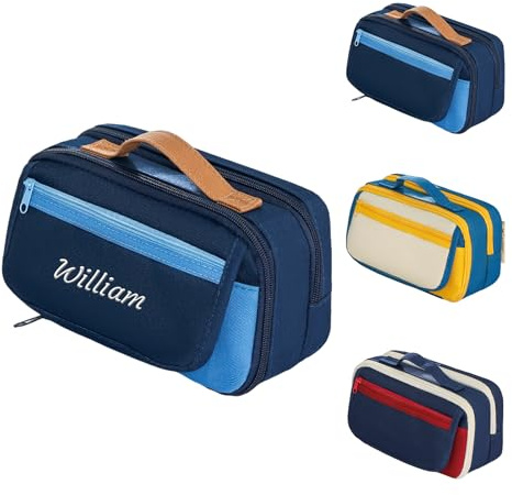 Generisch Blau Personalisiertes Federmäppchen Namensstickerei 21×10.5 cm | Mäppchen für Jungen & Mädchen, Große Kapazität, Mehrfächer mit Griff, für Schulmasche/Büro/Reisen/Make-Up