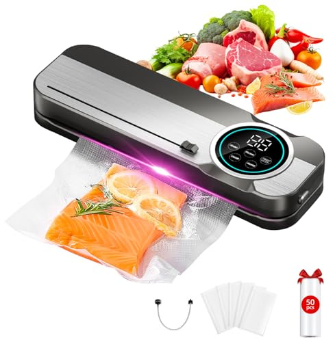 Macchina Sottovuoto Alimenti 6 in 1, Include 50 Sacchetti per Sottovuoto e 1 Tubo Per Contenitori, 75 Kpa, Sottovuoto Alimenti con Taglierina e Conto Alla Rovescia Digitale