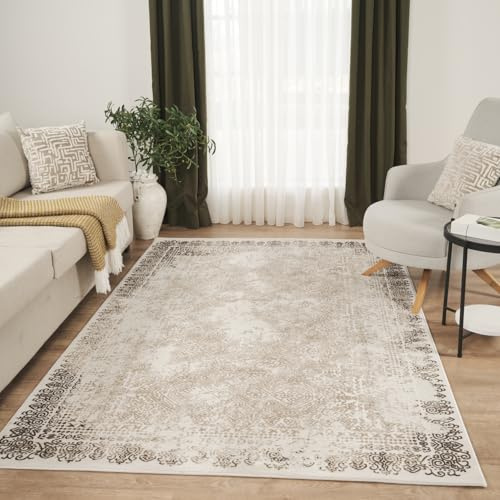 Carpetilla Vintage Teppich Beige – Kurzflor Teppich im Orient-Design, Pflegeleicht & Strapazierfähig Size:160x230
