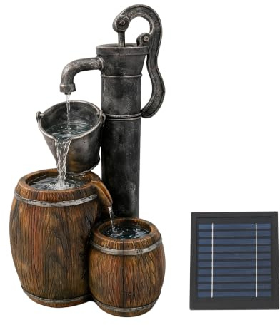 Solar Water Feature, 2-Tier Wooden Barrel with Battery Backup – Solar Powered Garden Fountain, No Wiring or Running Costs, Outdoor Patio & Lawn Décor