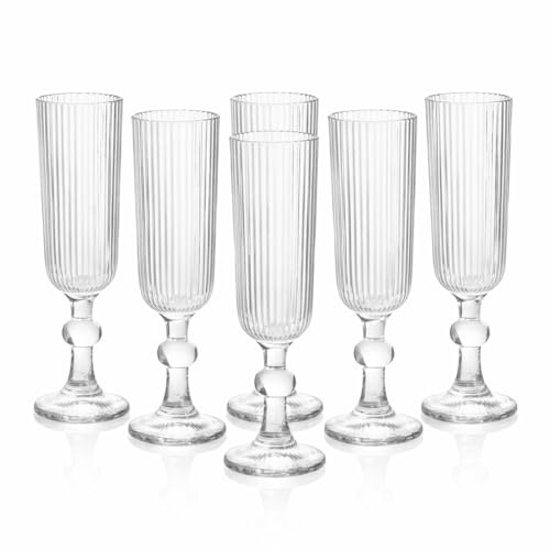 MECSAL CASALINGHI Set 6 Calici Flute in Vetro Rigato 155 ml – Calici Champagne e Aperitivo Eleganti, Design a Righe, Vetro Colorato, Lavabili in Lavastoviglie (Trasparente)