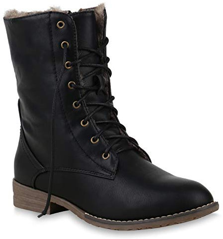 Damen Stiefeletten Worker Boots Leder-Optik Schnürstiefeletten Camouflage Verlours Schuhe 109655 Schwarz Agueda Autol 39 Flandell