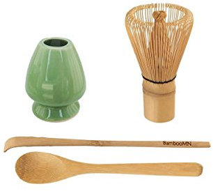 BambooMN Marque – Ensemble fouet à thé vert matcha – fouet + cuillère à thé + porte-fouet doux vert clair