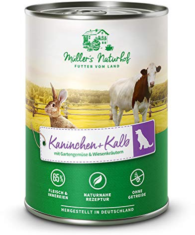 Müllers Naturhof - Kalb und Kaninchen - 6 x 400 g - Nassfutter für alle Hunderassen - getreidefrei und glutenfrei - mit Gartengemüse und Wiesenkräutern - naturnahe Rezeptur mit 65% Fleisch