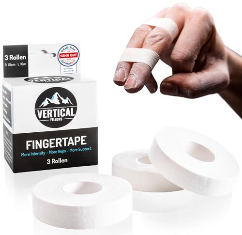 VERTICAL FELLOWS® 3 Rollen Klettertape 1,5cm breit - DERMATEST sehr gut - mit PDF Tapeanleitung - ideales Fingertape für Klettern Bouldern Kraftsport Volleyball Handball Kampfsport