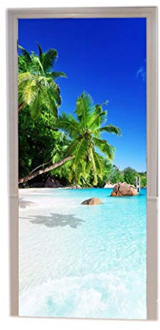 A.Monamour Stickers Muraux Plage À Praslin Île Tropical Arbre De Noix De Coco Bleu Océan Nature Paysage Vinyle Salle Porte Stickers Papier Peint Peintures Murales Amovible Porte Autocollants