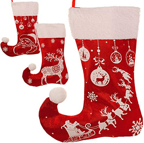 alles-meine.de GmbH 3D Glitzer Effekt XL - Weihnachtssocke & Weihnachtsstrumpf - Weihnachtsmann/Rentier/Schneeflocken - 45 cm - rot - weiß - zum Aufhängen - Nikolausstiefel..