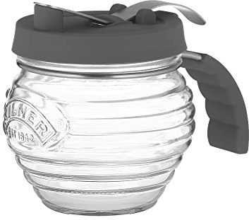 Kilner Sirup Glas 400 ml | 9,5 x 9,5 x 12 cm | kleckerfreies Ausgießen von Sirup, Honig oder Agavendicksaft | kippbarer Edelstahlmechanismus | Silikonüberzug | Honigspender Glas | Kaffee Zubehör