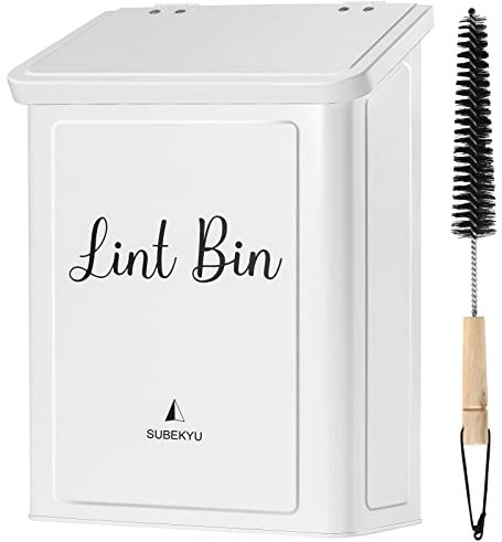SUBEKYU Metal Magnetic Lint Bin for Laundry Room, Wall Mounted Lint Box Holder Trash Can with Lid for Dryer,Lint Basket for Laundry Room,White