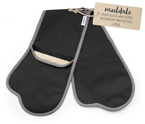 Muldale Black Double Oven Gloves Insulated - Aga Oven Gloves with Thumbs and Heat Resistant Terry Towelling - Professional Heavy Duty Pair Mitts for Kitchen