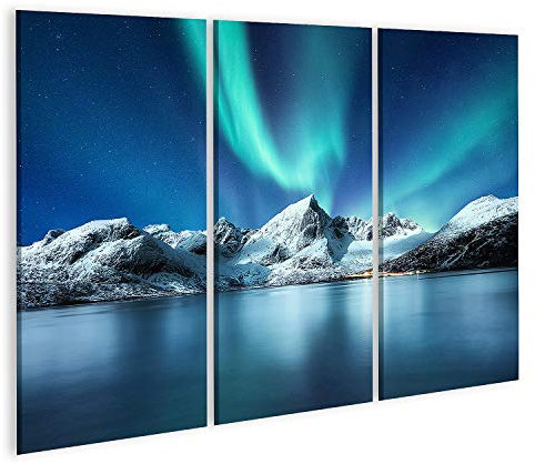 islandburner Bild auf Leinwand Aurora Borealis Lofoten Inseln Norwegen Nordlichter Berge Reflexion Wasser Winte Bilder Wandbilder Poster