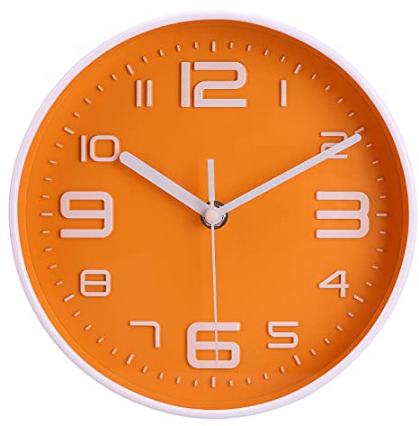 Topkey 8 Inch Silent Wall Clock Easy Readable Big Numbers Non Ticking Round Stylish Modern Clock Decorative for Kitchen Home Dining Room and Office-Orange