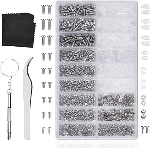 Mikihat 1000 Piezas Kit de Reparación de Gafas, Tornillo para Gafas con Tornillos, Tornillos Tuercas, Almohadillas Silicona, Destornillador, Mini Pinzas para gafas, gafas de sol, reloj, joyería