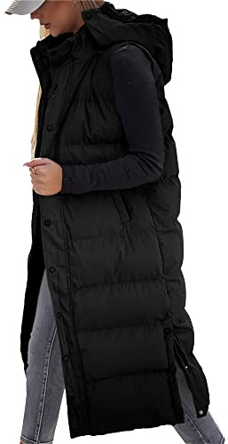Women's long Quilted Vest hooded Sleeveless Button Down puff vest cotton padded jacket winter coat