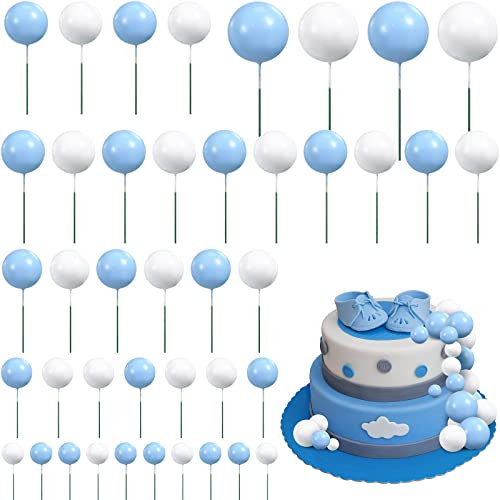 66 Pcs Ball Cake Topper Decorations Mini Balloon Sticks DIY Cake Picks Insert Foam Balls for Graduation Wedding Party Birthday Decorating Supplies(Blue, White)