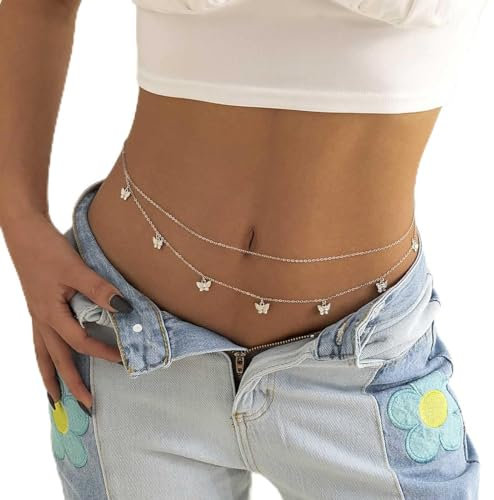 Bramian Boho Schmetterling Taillenkette Bauch Körperketten Strand Taille Schmuck Zubehör für Frauen und Mädchen (Silber)