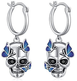 Totenkopf Ohrringe Damen - 925 Silber Creolen Schädel Ohrstecker Schmetterling Punk Schmuck für Halloween Weihnachten - Geschenke für Damen Männer