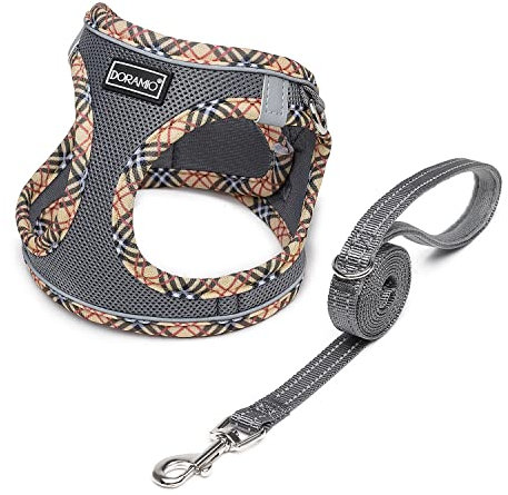 DORAMIO Hundegeschirr Kleine Hunde mit Leine, Step-in Geschirr Reflektierend Atmungsaktiv Brustgeschirr Anti Zug Sicherheitsgeschirr Katzengeschirr für Kleine Hunde, Katzen (Grau, XL)