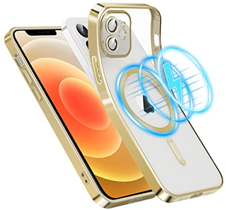 Garegce Coque Magnétique pour iPhone 12 Compatible avec MagSafe Recharge sans Fil, Coque Protection Caméra Étui Silicone TPU Souple Housse Dos Transparente Antichoc, Or