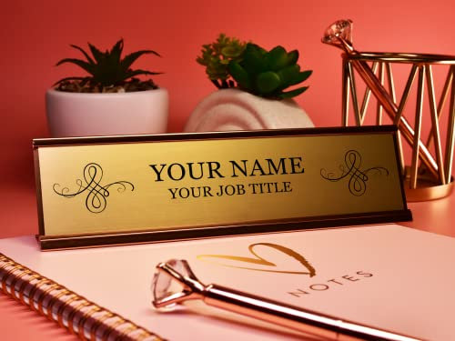 Custom Personalised Fancy Swirling Pattern Engraved Gold Aluminium White Office Home Desk Name Plaque Decorated Silver Front Plate Bespoke Modern Gift Teacher Graduate Manager Assistant Executive