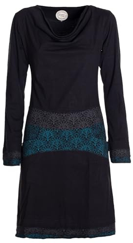 Vishes - Alternative Bekleidung - Langarm Damen Kleid mit Wasserfallkragen Bund Bedruckt Taschen
