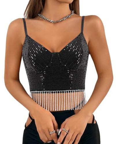 Naimo Damen Glitzer Pailletten Crop Top Ärmellos V-Ausschnitt Tank Tops Weste Sparkle Camisole Bluse Party Rave Oberteile