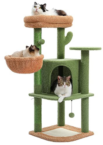 PETEPELA Katzenbaum, Katzenturm mit Sisal-Kratzbaum, Kratzbrett, große Katzen, Plüsch, Höhle, Korb, Sitzstange, Plattform, Höhe 106 cm, Kaktus