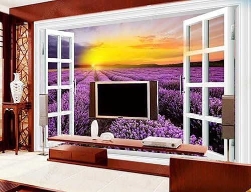 Papier Peint Panoramique 3D Fenêtre Champ De Lavande Coucher De Soleil Papier Peint Intissé Trompe L Oeil Déco Mural Tableaux Muraux Photo 300Cm(W)*210Cm(H)