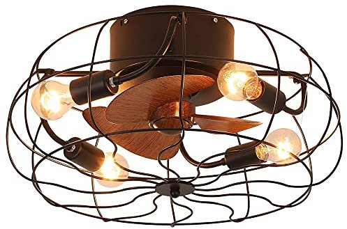 FYZDLAOR 20 Low Profile Caged Ceiling Fan With Lights Remote Control,Farmhouse Bladeless Ceiling Fan With Light,Bedroom Fan,Industrial Black Ceiling Light Fixture