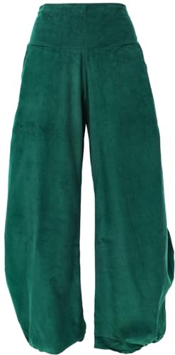 GURU SHOP Weite Boho Cord Pluderhose, Feincord Boho Hose, Cordhose - Smaragdgrün, Damen, Size:L