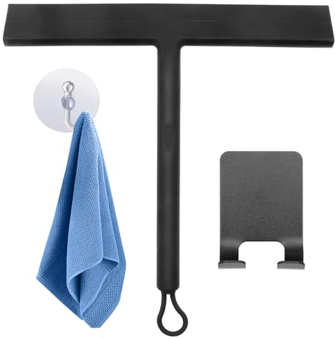 Scettar Duschabzieher Silikon mit Halterung,Abzieher Dusche1 Wandhalterung Ohne Bohren,Rutschfester Abzieher Dusche für Badezimmer,Fenster,Glas,Fliesen,Spiegel(mit Kleine Handtücher und Haken,Schwarz)