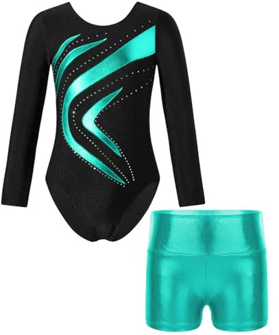 Oyolan Mädchen Kinder Gymnastikanzug Turnanzug Glitzernde Gymnastikbody Langarm Turntrikot mit Kurze Hose Tanzkostüm Z Blau Grün 110-116